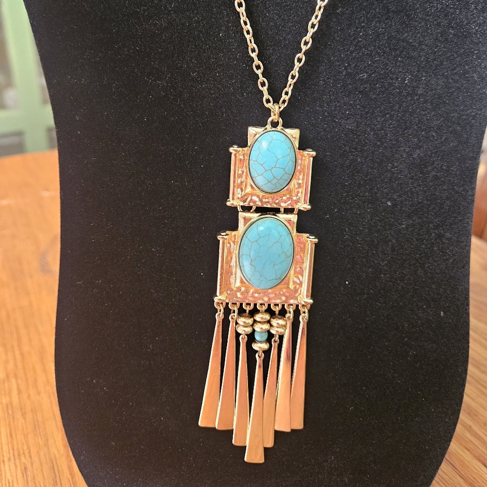 Justin & Taylor,  goldtone and turquoise,  long necklace,  gift, 28+ inches long